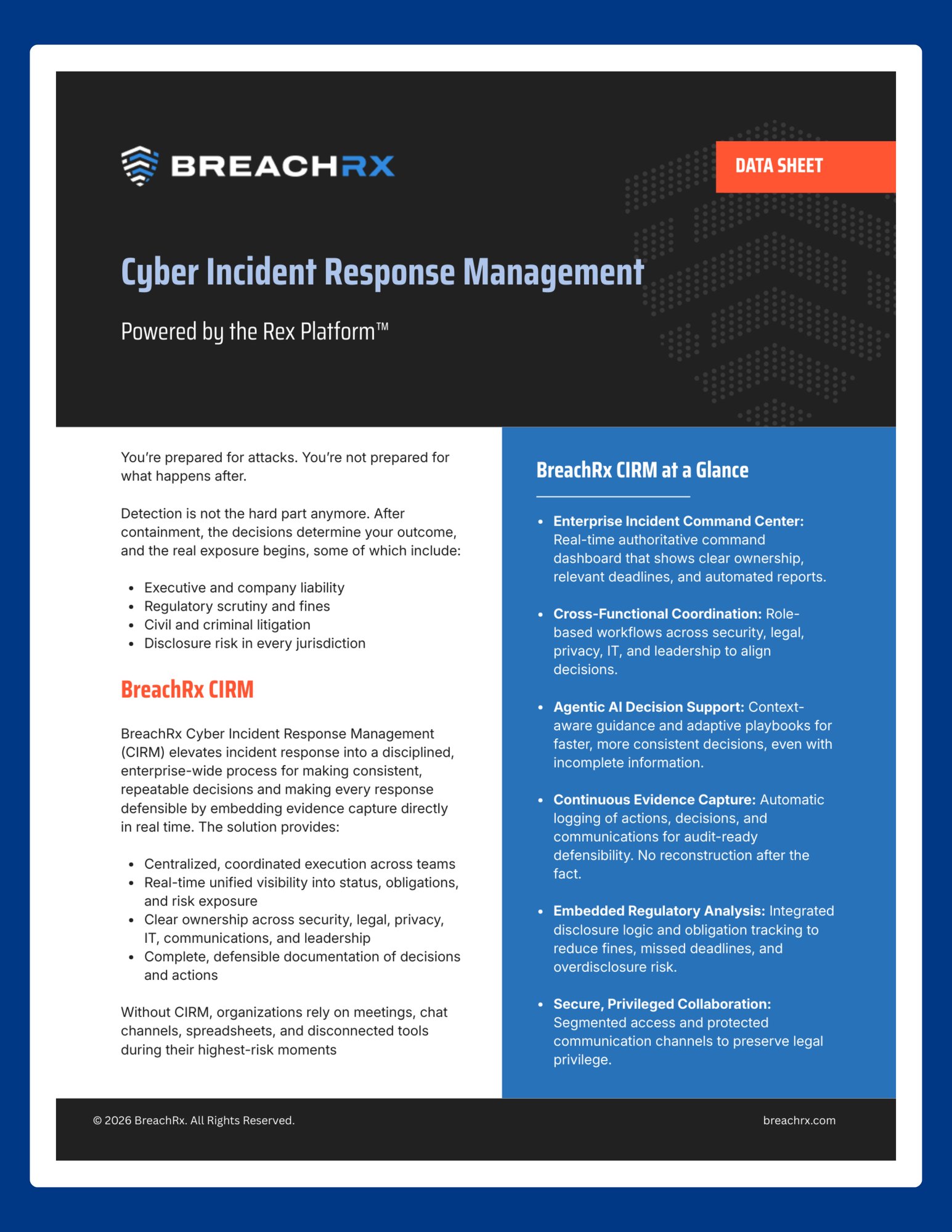 BreachRx Data Sheet: Cyber Incident Response Management Powered by the Rex Platform™